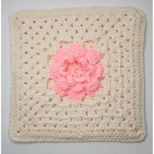 Handmade Crochet Throw Pillow Cover Cream Pink Rose Shabby Cottagecore